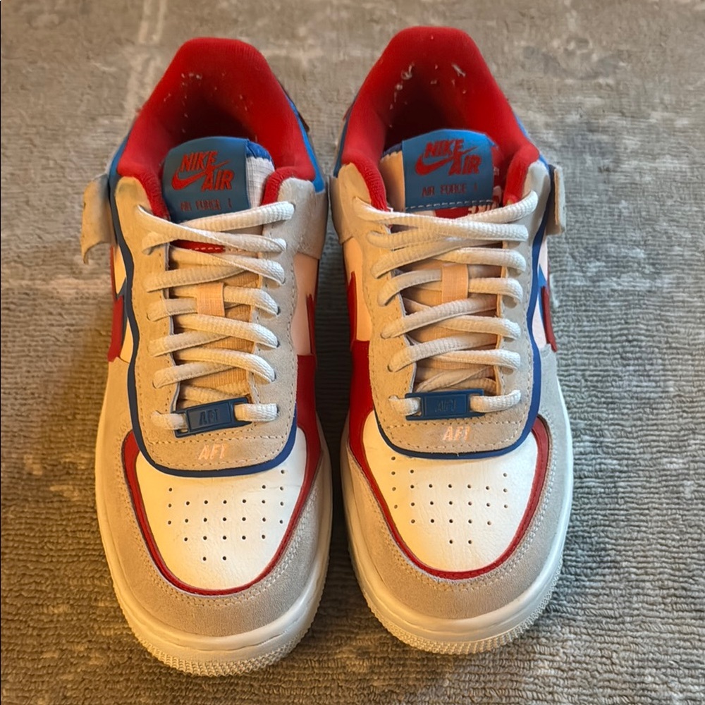 Nike White and Red Sneakers with Chunky Sole and Perforated Leather